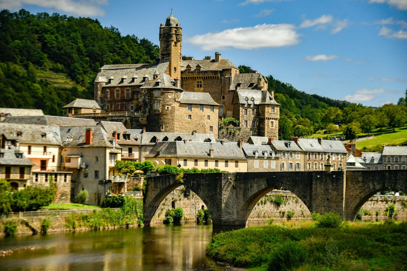 Picturesque castle and bridge in Estaing, France, surrounded by village and nature.