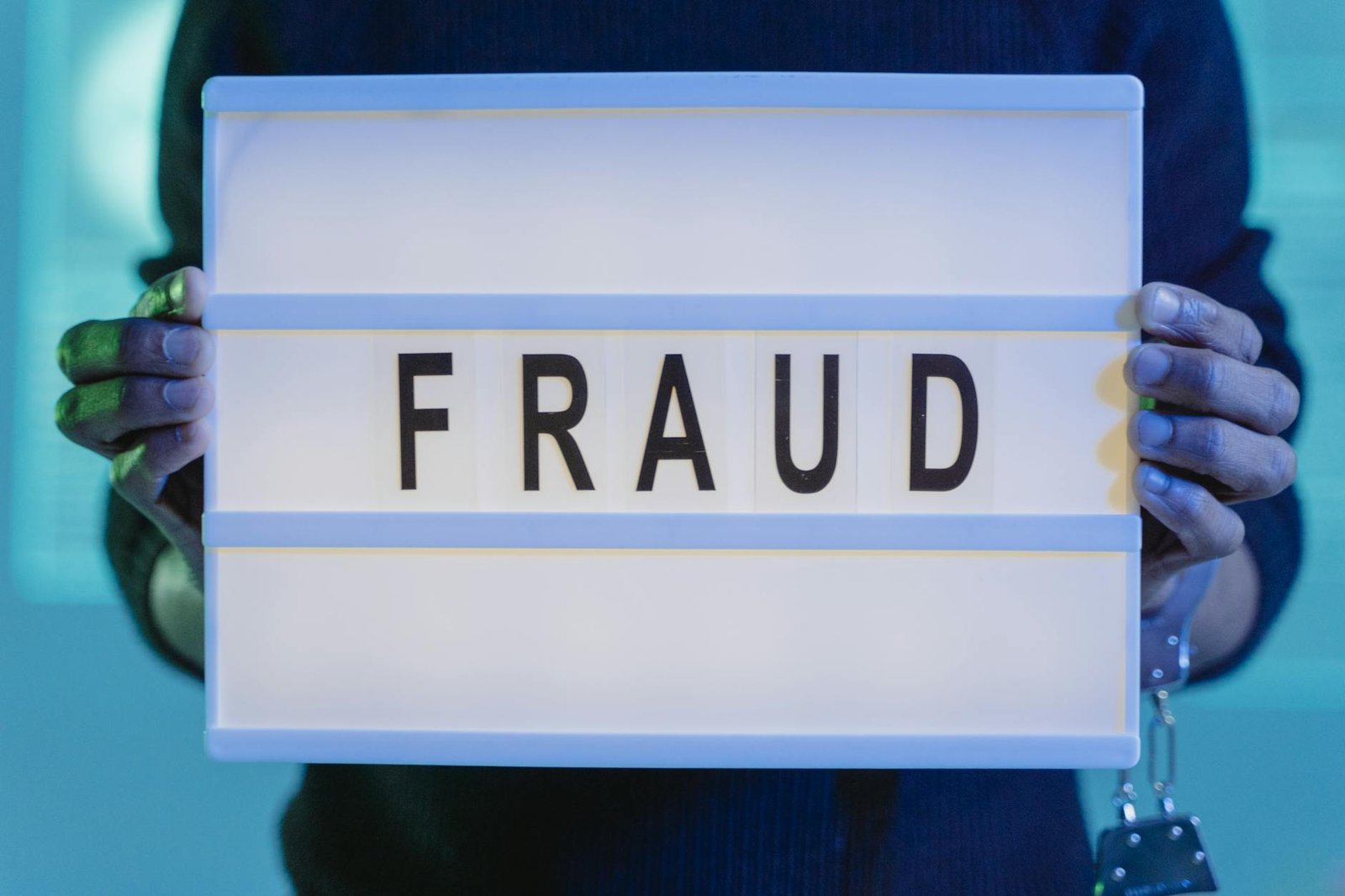Close-up of hands holding a sign with 'fraud', illuminated in blue light.