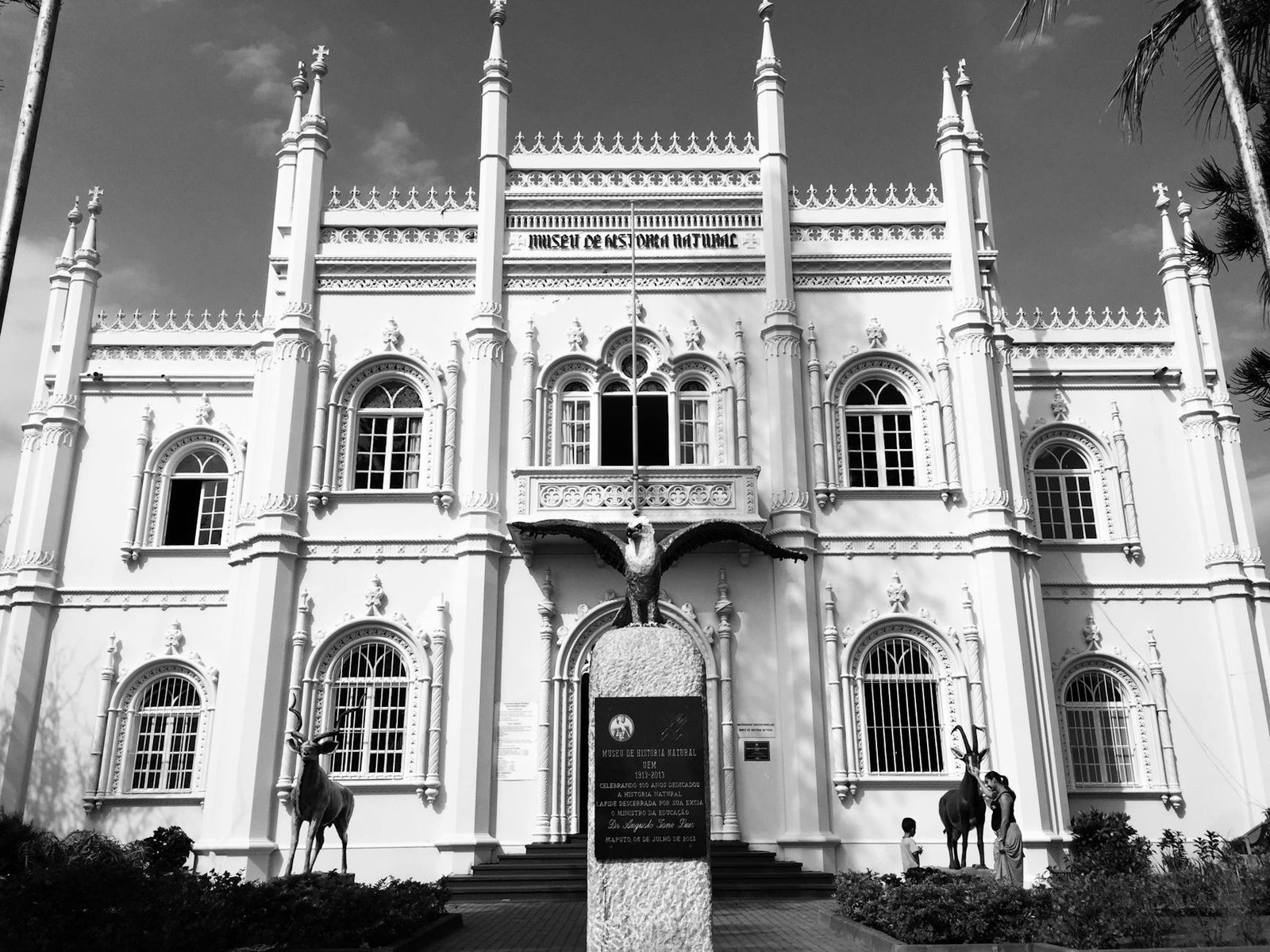 A black and white image of the iconic Museu de Historia Natural in Maputo, Mozambique.