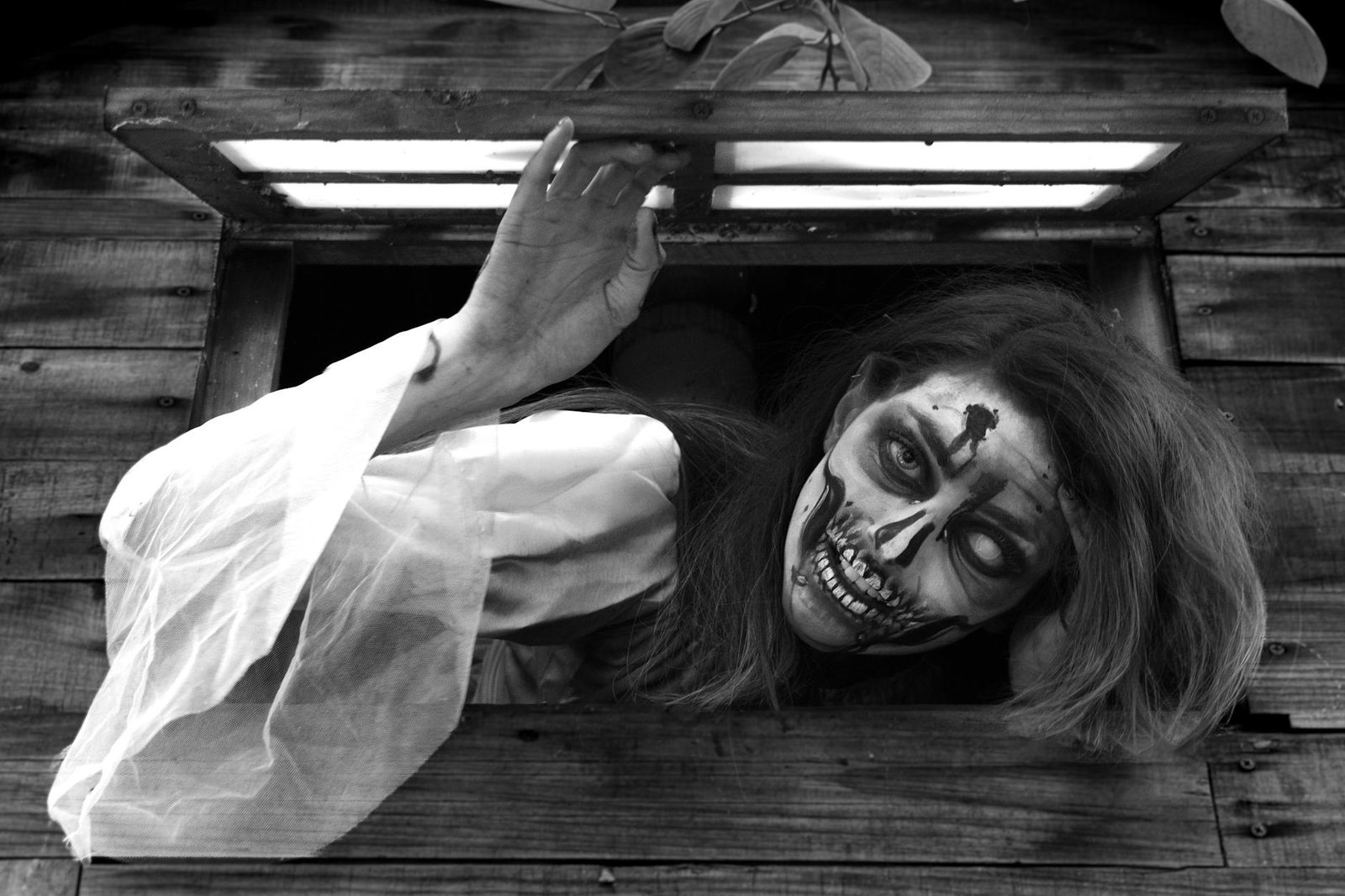 A haunting figure emerges with skeleton face paint at night. Perfect for Halloween themes.