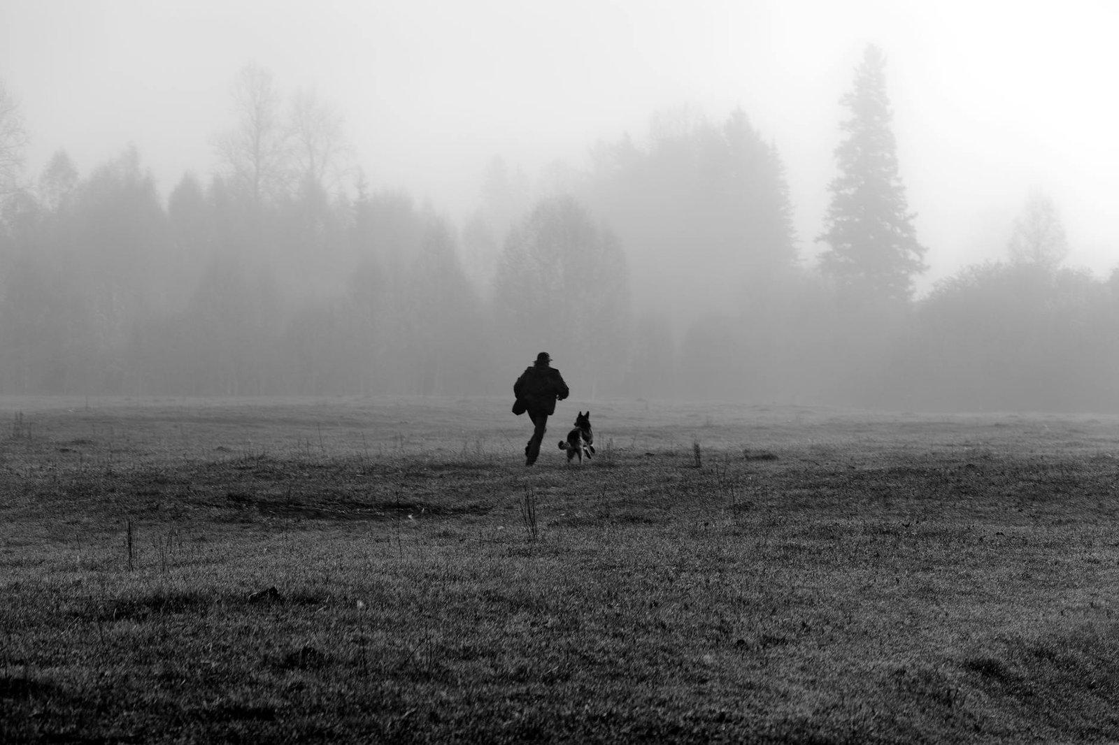 Black and white scene of a man and dog running in a fog-covered field.