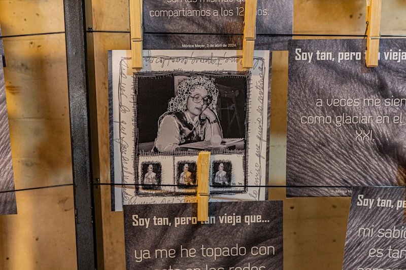 Black and white portrait of a woman with text.